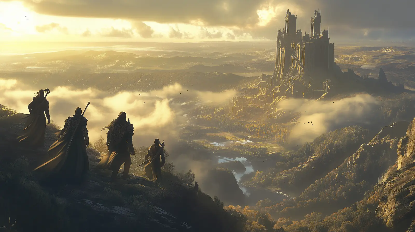 Un groupe de quatre aventuriers au soleil levant qui regardent un donjon dans la vallée.